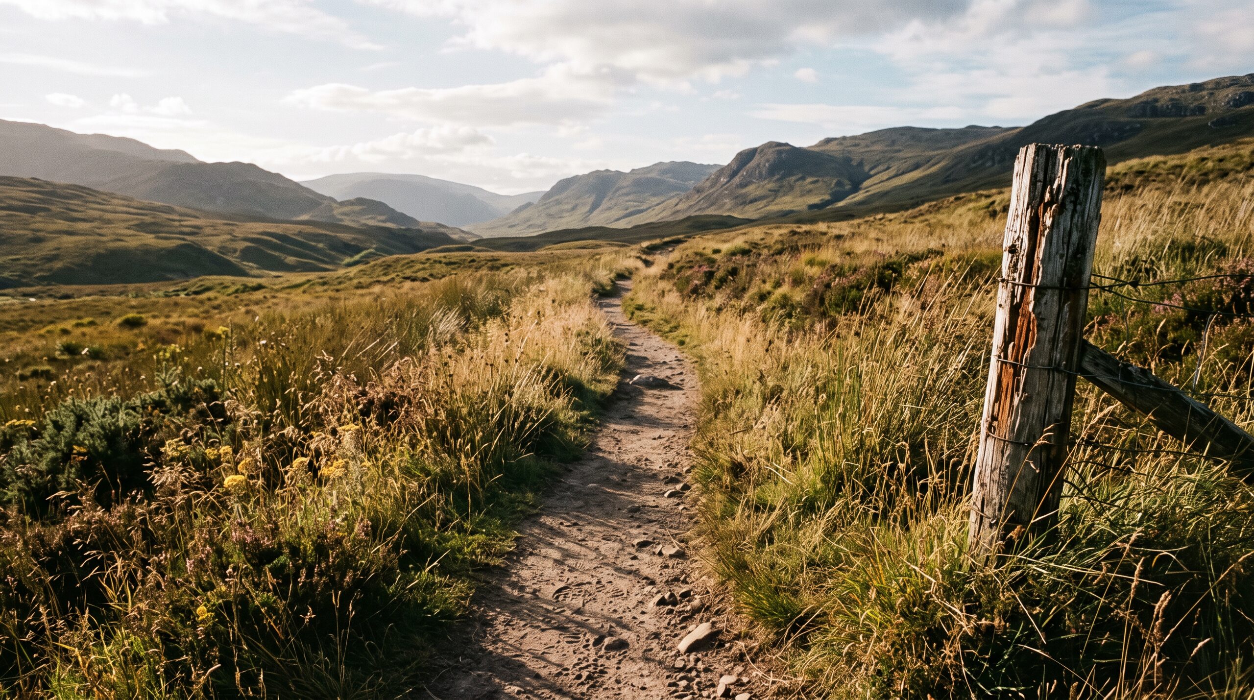 A narrow path curving through tall golden grass toward distant hills in late afternoon
