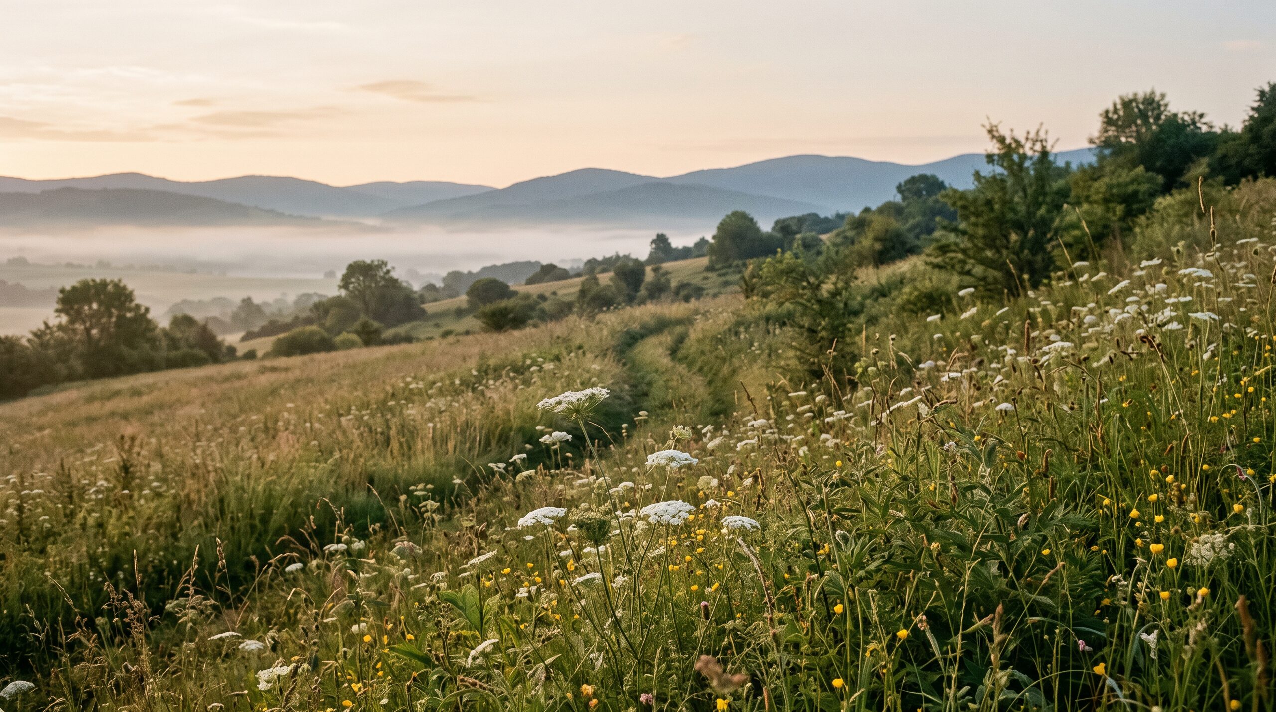 A wildflower meadow on a hillside at warm sunrise, with distant hills behind