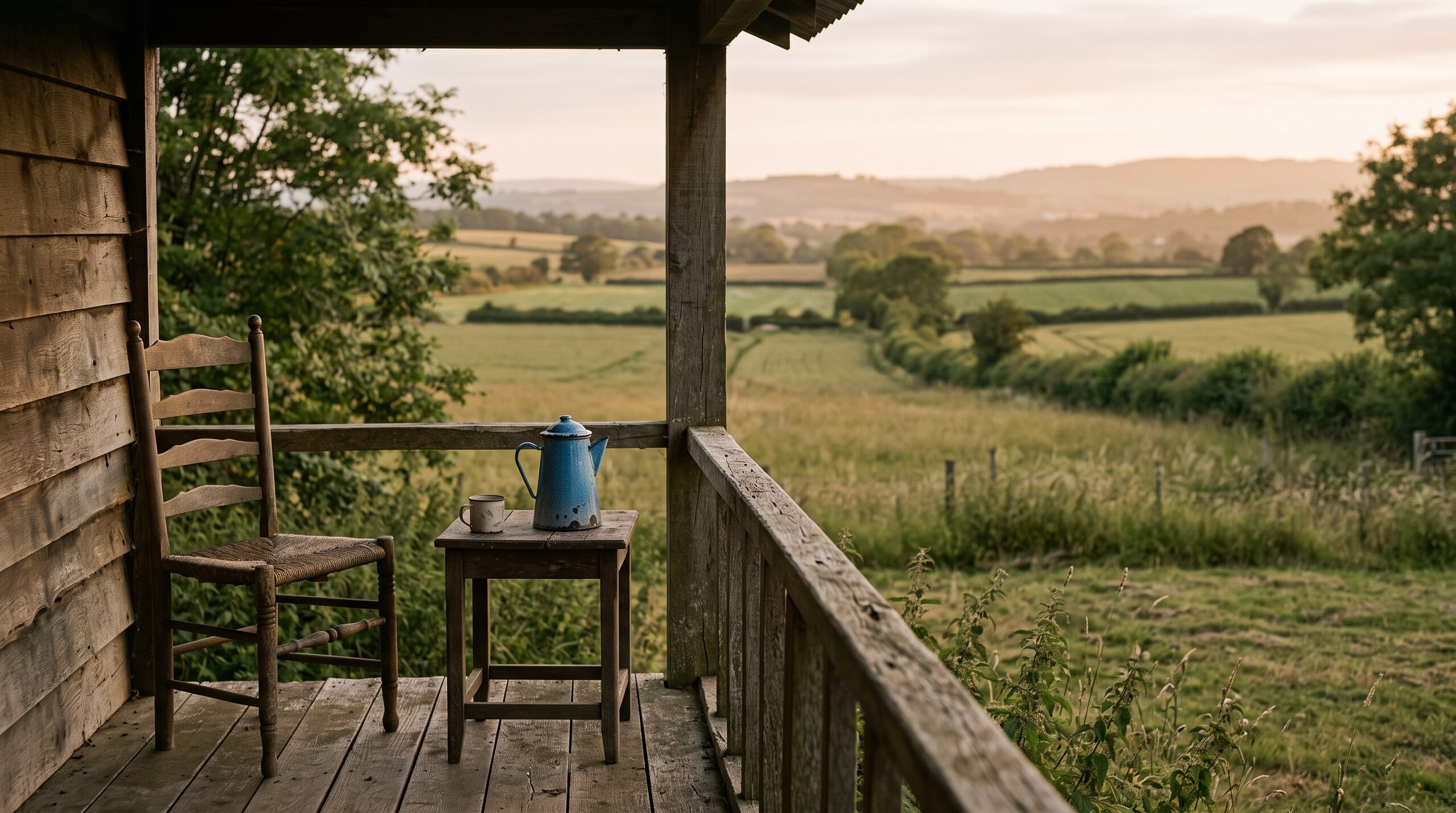 A quiet porch looking out over countryside in the golden hour