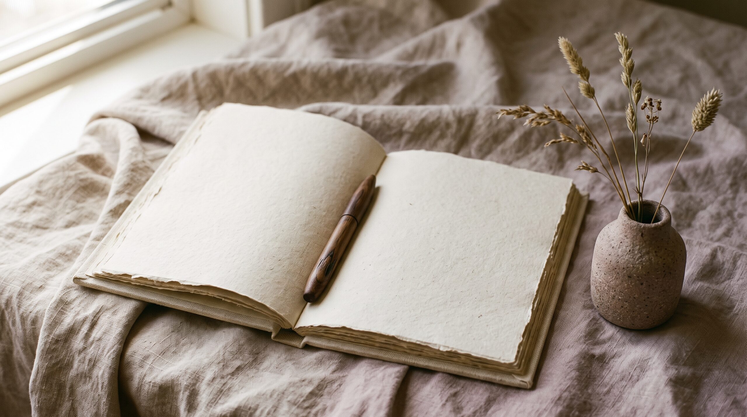 An open blank journal on rumpled linen with a pen and dried grasses