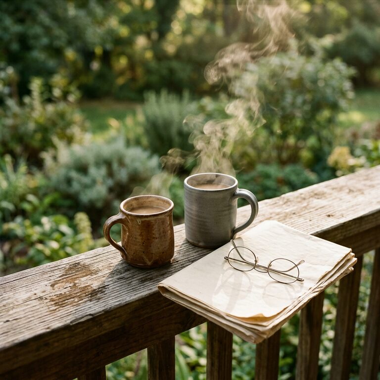 Two mismatched mugs of coffee on a weathered porch rail, steam rising