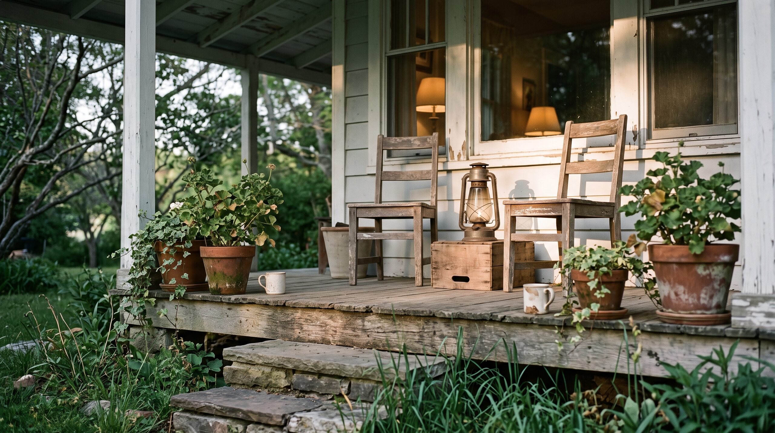 A farmhouse porch in warm early evening light with two wooden chairs and potted plants