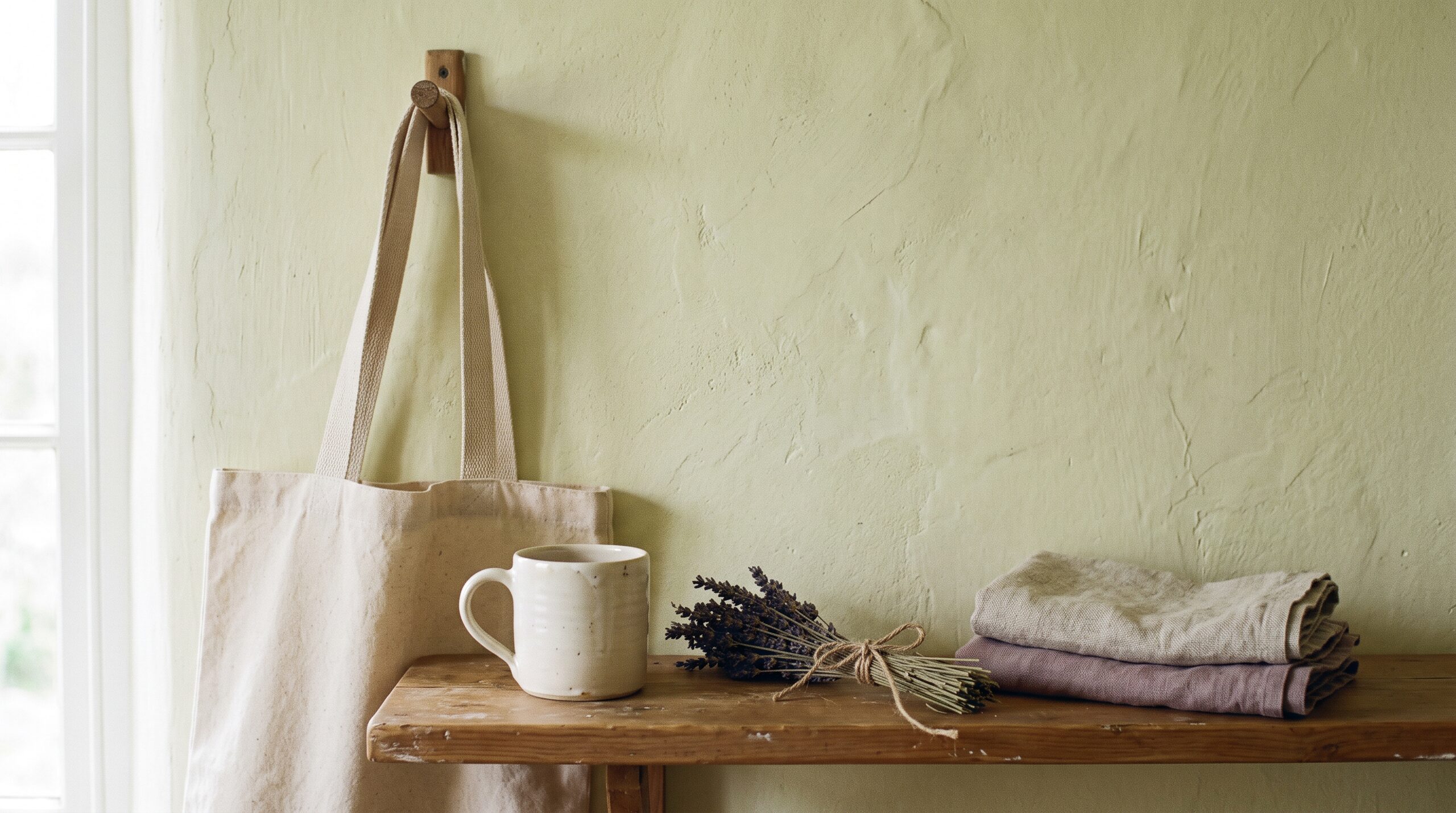 A canvas tote, a cream ceramic mug and dried lavender against a pale plaster wall